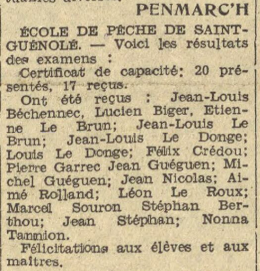 résultats des examens publiés le 1er Avril 1944